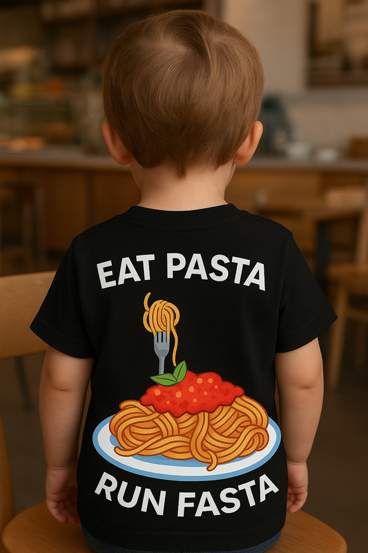 Children's run faster eat pasta graphic t-shirt